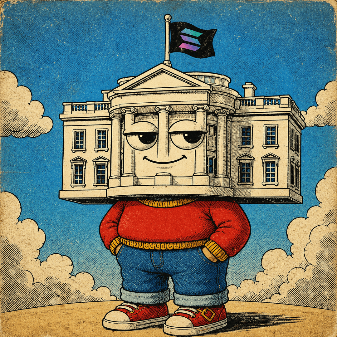The Memehouse mascot, a vintage comic-book White House character in a red sweater and jeans, flying a Solana flag